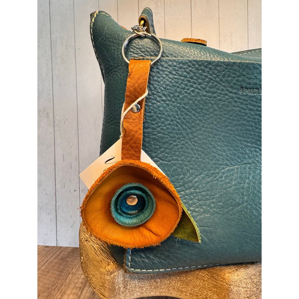 Genuine Leather Purse Charm Brown Light Blue Navy Keychain Accessory